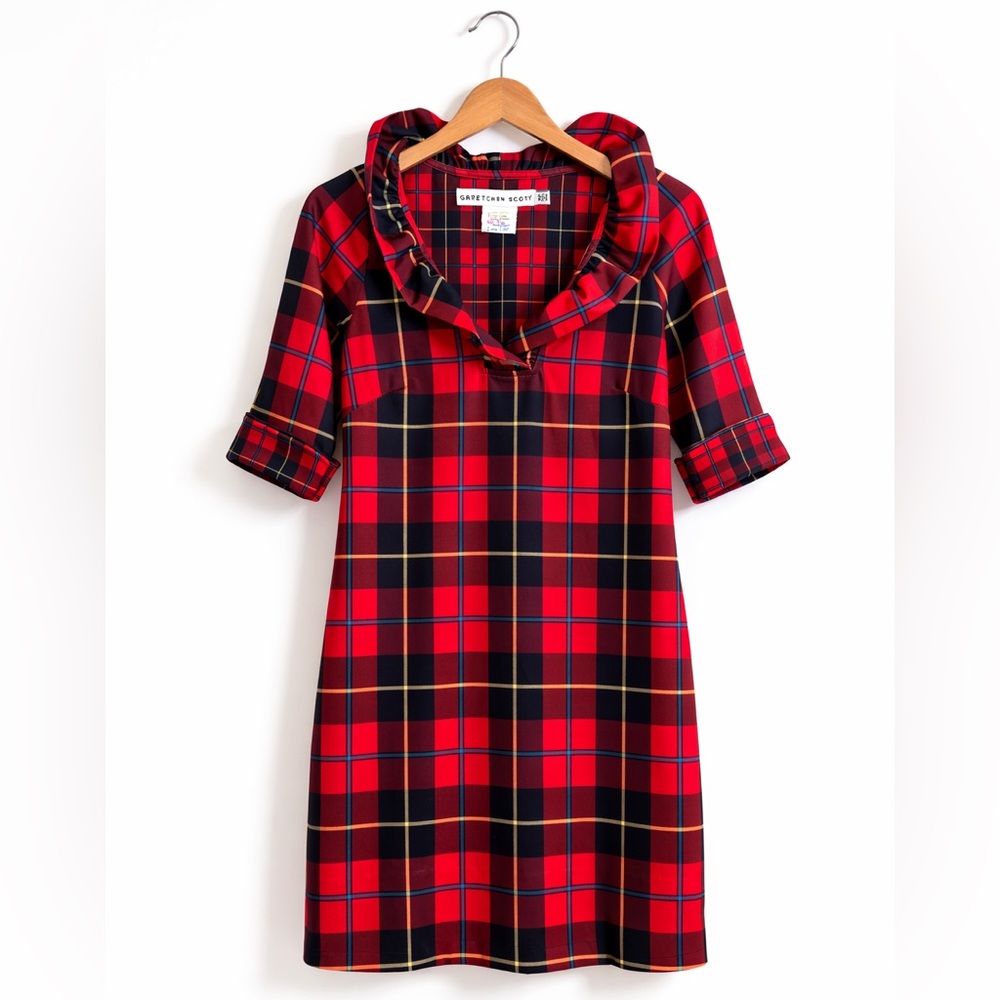 Gretchen Scott Plaidly Red Plaid Ruffle Neck Dress XSmall Holiday EUC